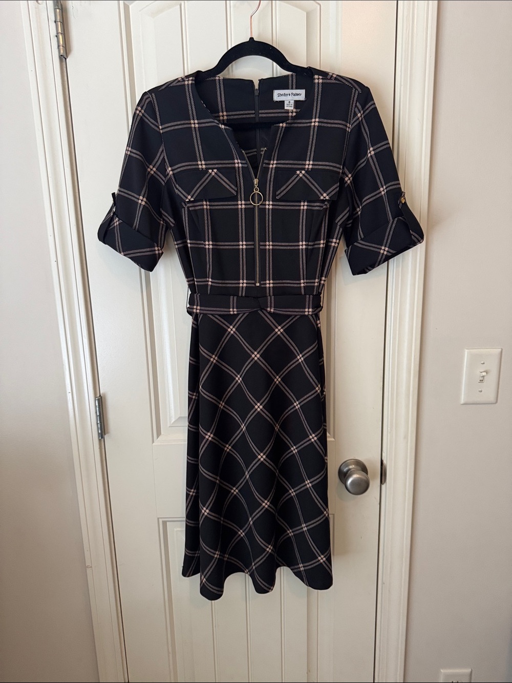 Shelby & Palmer Black Plaid Zip-Front Midi Dress